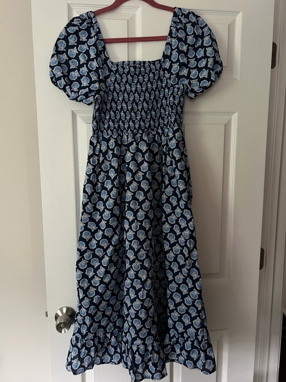 J. Crew Factory Navy Blue Floral Smocked Midi Dress